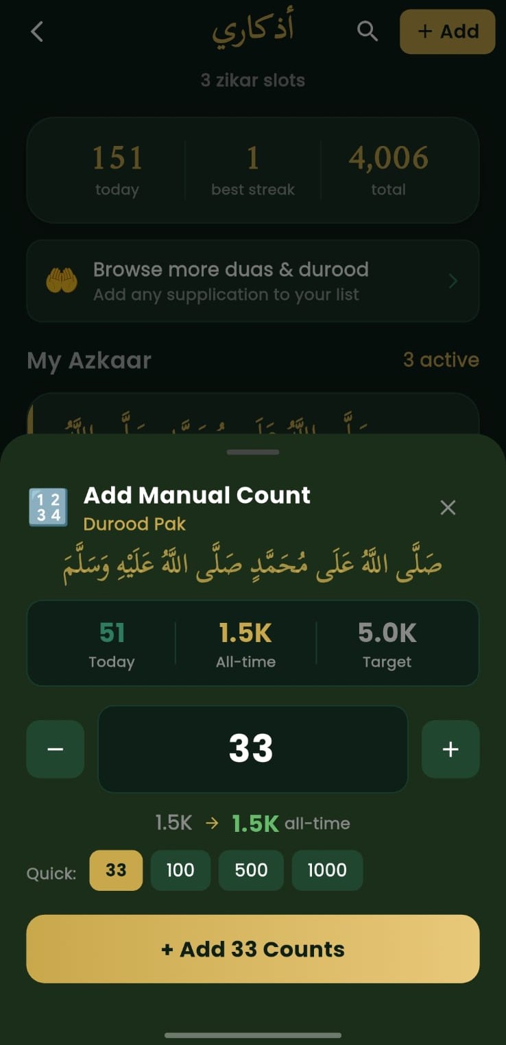 Add Manual Count modal for Durood Pak showing quick count options 33, 100, 500, 1000